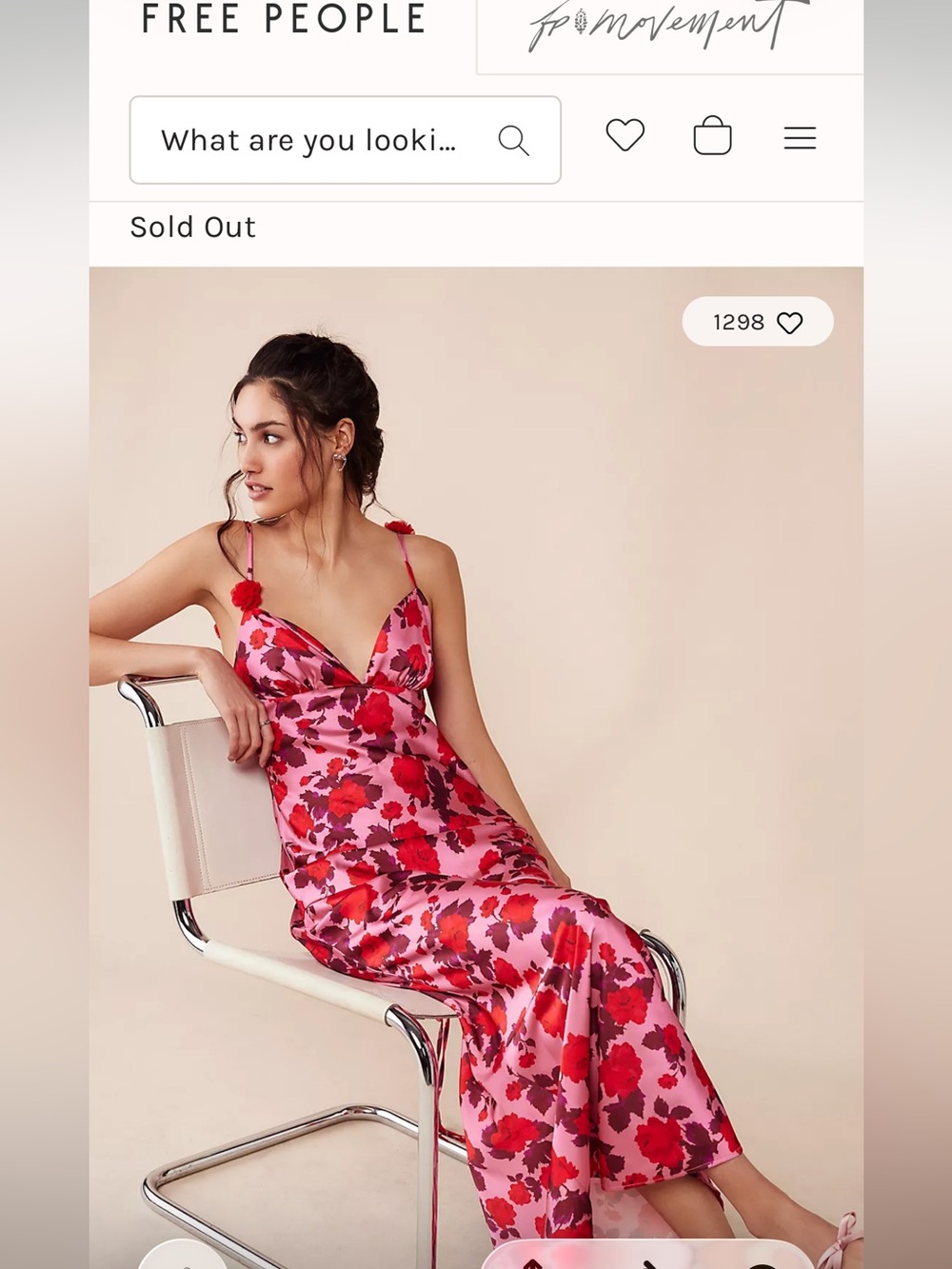 For Love & Lemons Huda Maxi Dress Pink Red Floral Satin Rosette NWOT